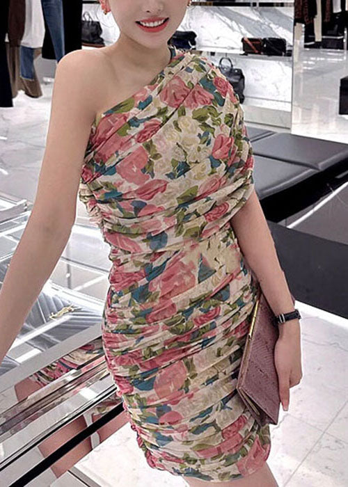 Pink Print Wrinkled Cotton Mid Dress Summer