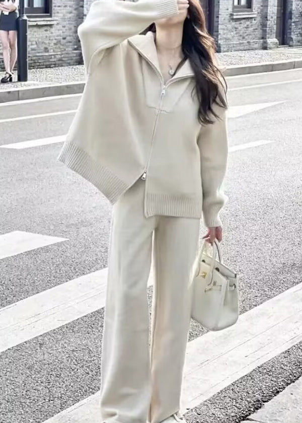 Purple Zip Up Sweaters and Pants Knit Two Pieces Set Winter