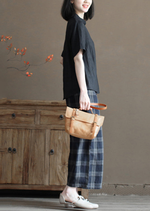 Black Pocket Linen Loose Shirt Tops Peter Pan Collar Half Sleeve