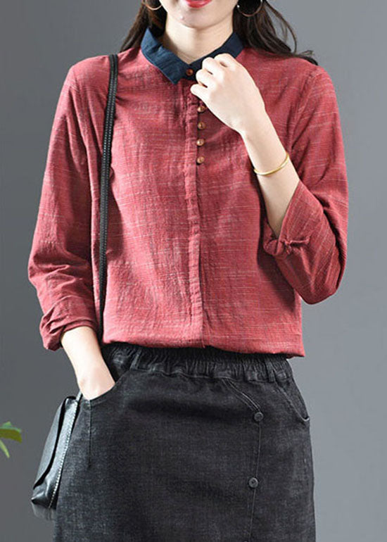 Red Peter Pan Collar Patchwork Cotton Shirt Long Sleeve