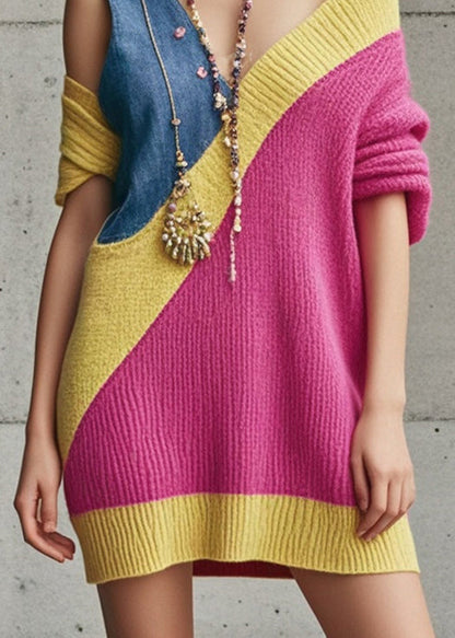 Rose Asymmetrical Patchwork Denim Knitwear Dress Fall