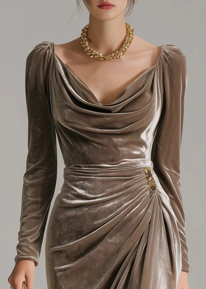 French Brown Square Collar Wrinkled Patchwork Velvet Dress Fall