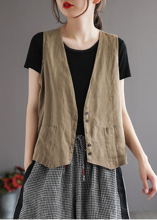 Orange V Neck Pockets Linen Vest Tops Sleeveless
