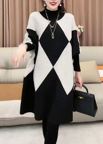 French Plaid Turtleneck Loose Knit Sweater Batwing Sleeve