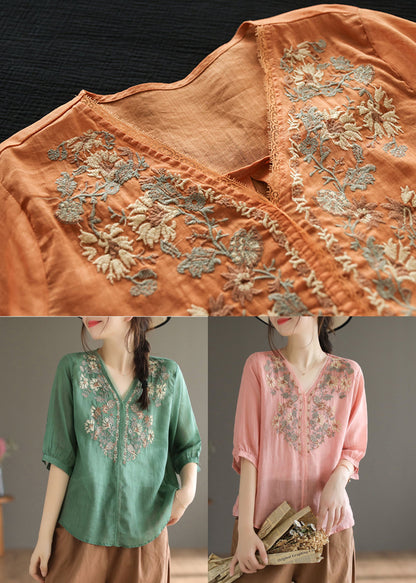 Green Linen Blouses V Neck Embroidered Oversized Half Sleeve