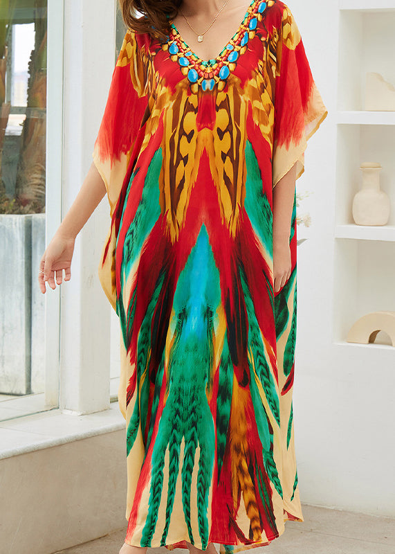 Boutique V Neck Print Side Open Cotton Maxi Dresses Summer