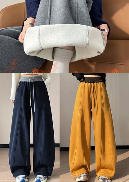 Yellow Elastic Waist Patchwork Warm Fleece Pants Winter