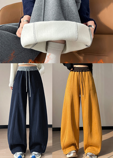 Yellow Elastic Waist Patchwork Warm Fleece Pants Winter