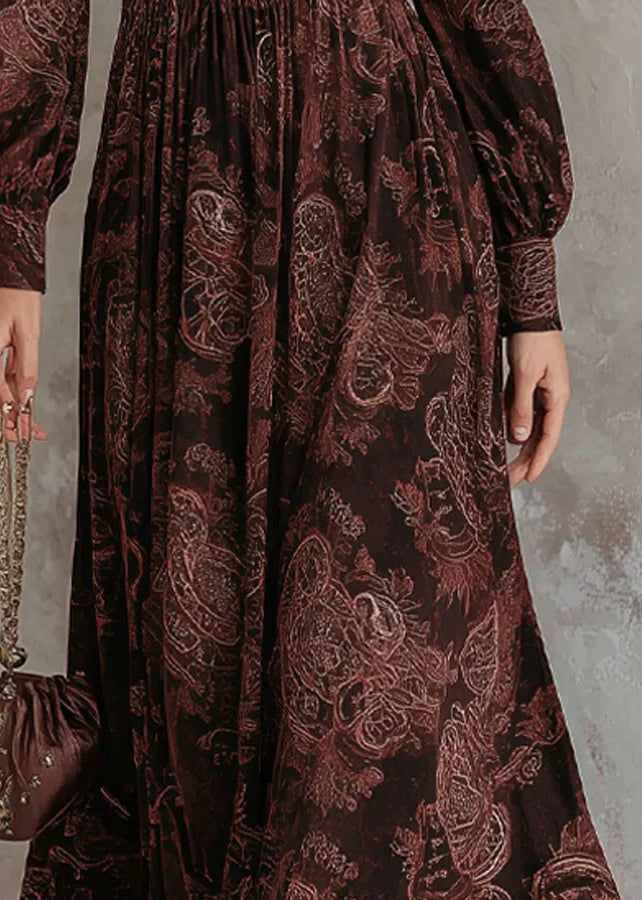 Chocolate V Neck Zip Up Print Cotton Long Dress Fall