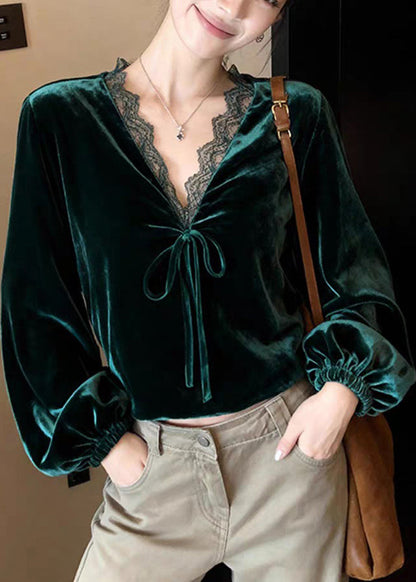 Peacock Green V Neck Lace Patchwork Silk Velvet Shirt Lantern Sleeve