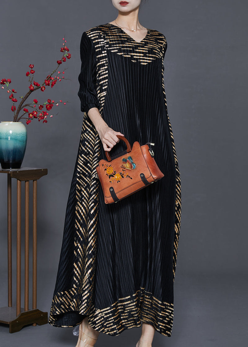 Black Oversized Print Wrinkled Silk Holiday Dresses Spring