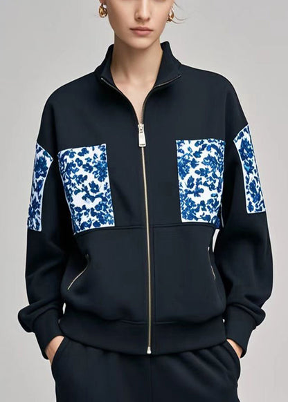 Black Stand Collar Patchwork Print Cotton Coats Fall