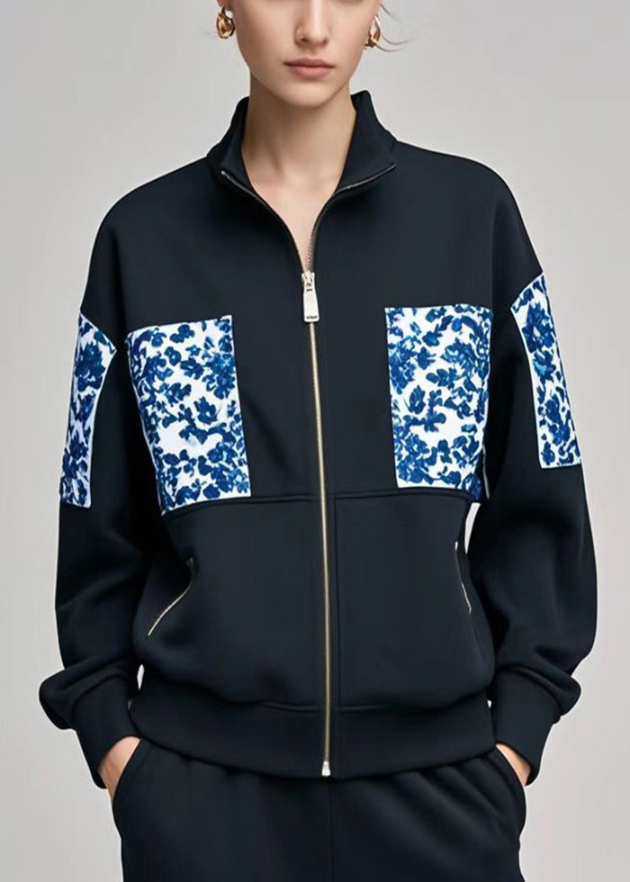 Black Stand Collar Patchwork Print Cotton Coats Fall