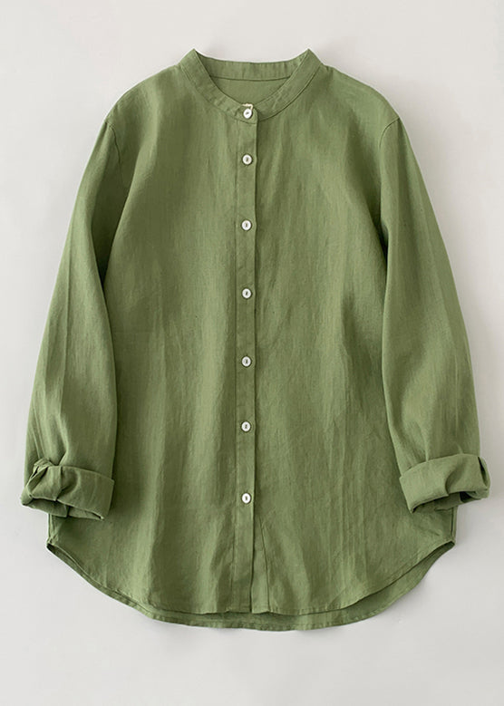 Loose Green O-neck Button Linen Shirts Spring