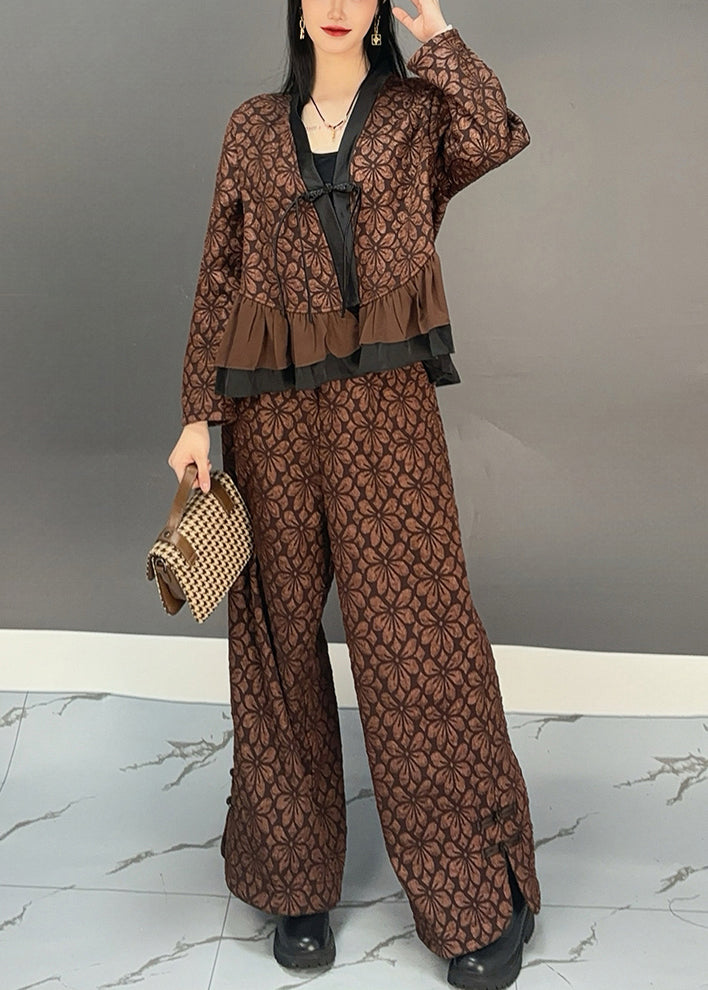Chocolate Ruffled Patchwork Print Shirts and Wide Leg Pants Two Pieces Set Spring