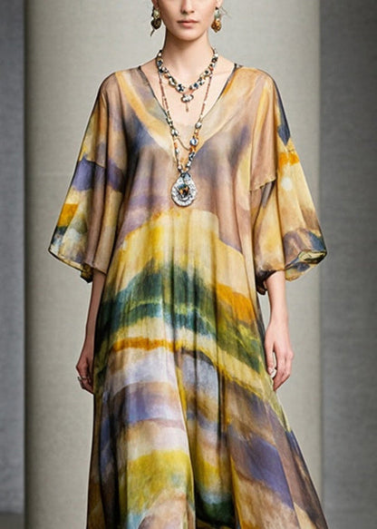 Brown Oversized Print Chiffon Maxi Dress Summer