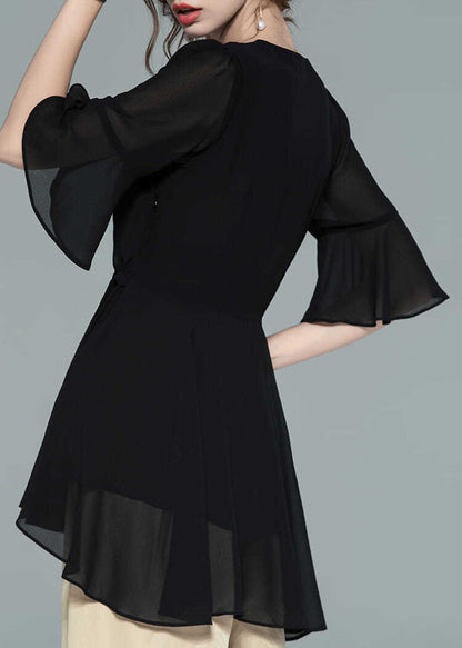 Black Wrinkled Chiffon Shirts V Neck Half Sleeve