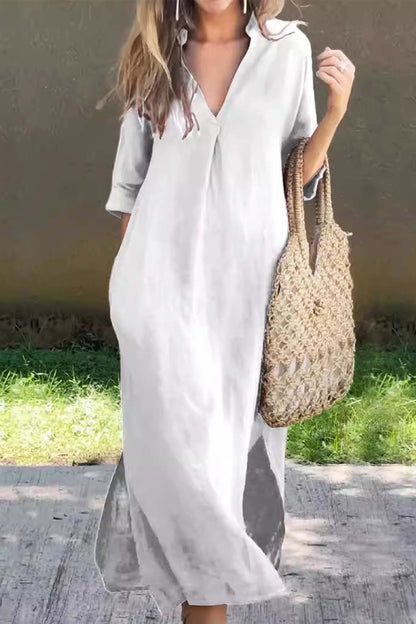 V Neck Half Sleeve Slit Midi Dress