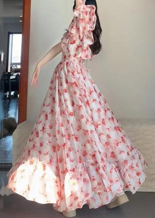Pink Ruffled Print Chiffon Long Dresses Short Sleeve