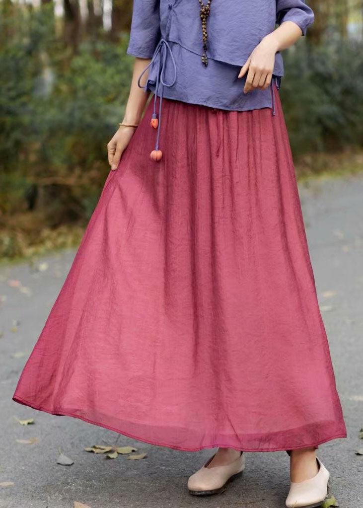Red Wrinkled Elastic Waist Patchwork Cotton Skirts Summer