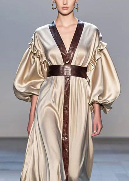 French Champagne Cinched Patchwork Ruffled Silk Dresses Lantern Sleeve