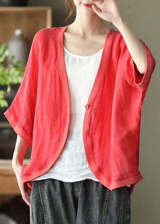 Handmade Red Loose Button Fall Three Quarter Sleeve Shirt Top