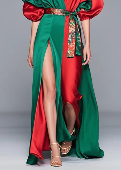 Colorblock Cinched Patchwork Side Open Silk Full Dress Summer