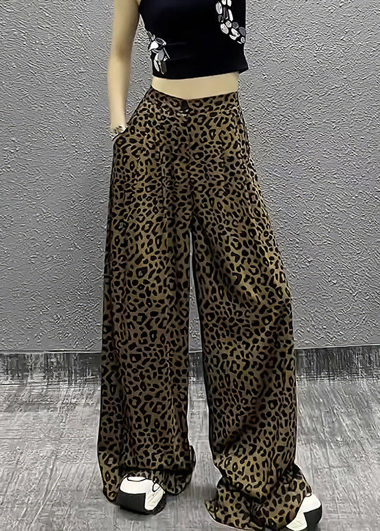 Leopard Pockets High Waist Cotton Wide Leg Pants Summer