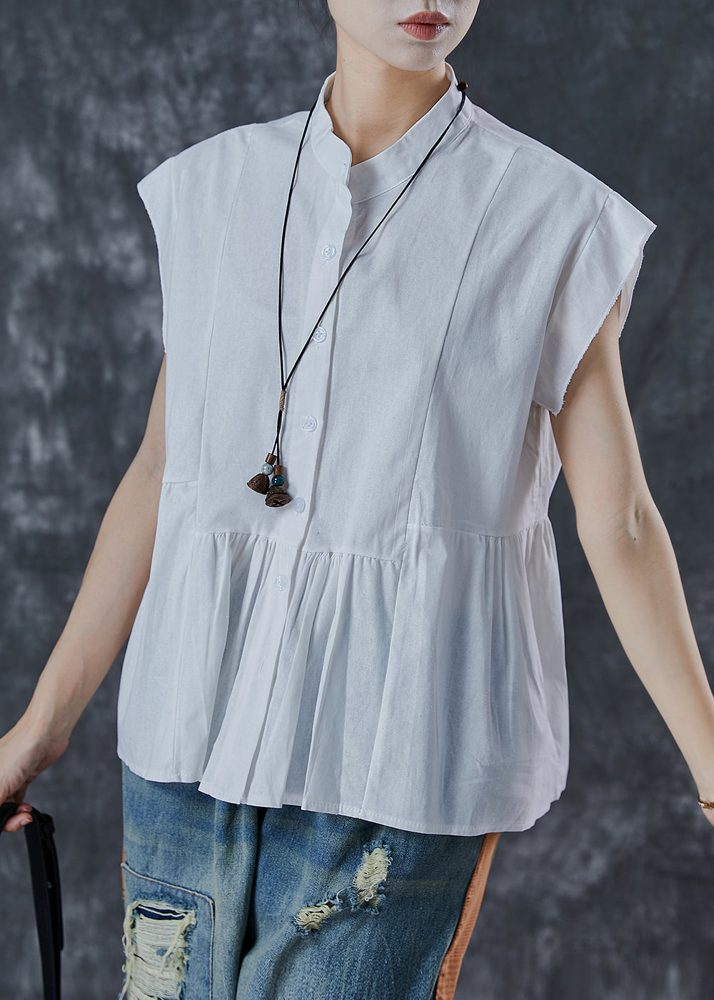 Diy White Stand Collar Patchwork Cotton Tops Sleeveless