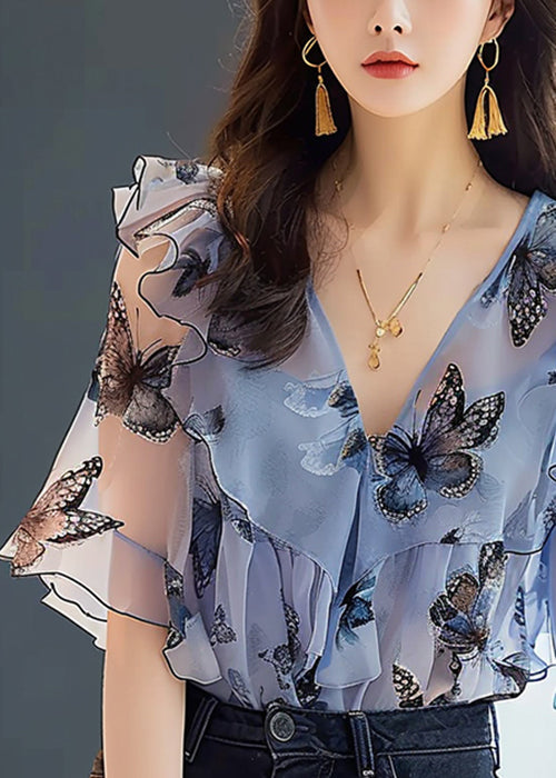 Blue Ruffled Print Chiffon Shirts Half Sleeve