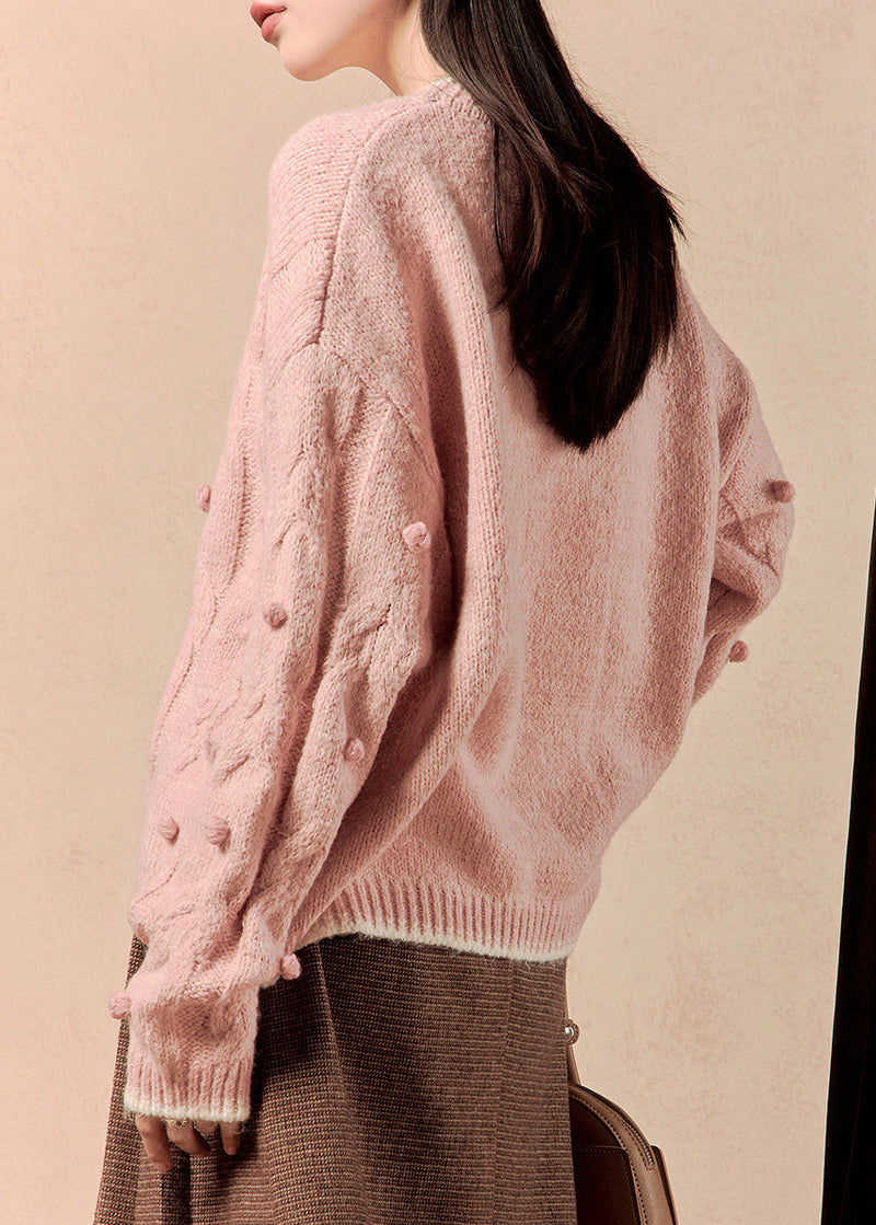 Pink Cozy Cotton Knit Sweaters O Neck Spring