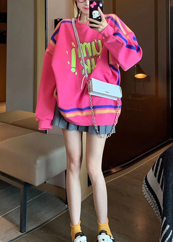 Pink O Neck Graphic Warm Fleece Loose Sweatshirts Top Spring