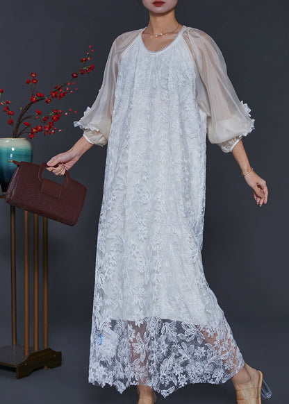 White Embroidered Tulle Robe Dresses Lantern Sleeve