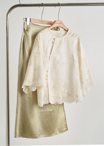 Loose White Embroidered Sequins Silk Shirt Top Bracelet Sleeve