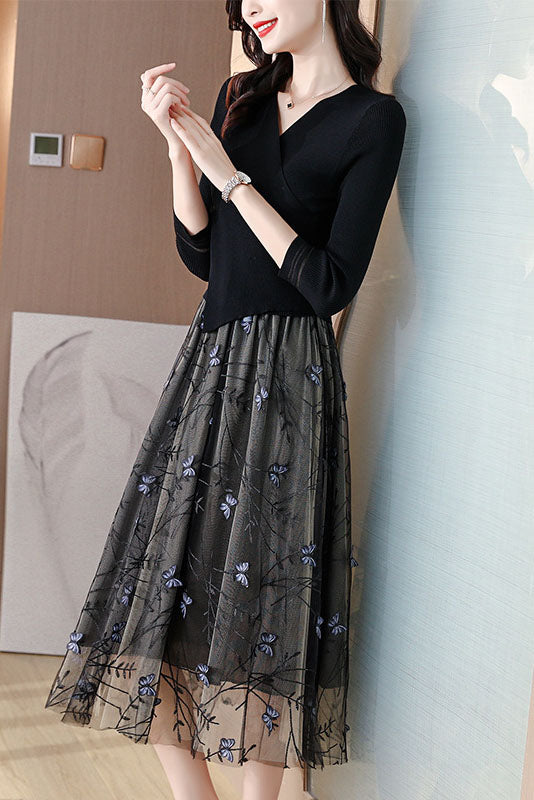French Long Sleeve Knitted Mesh Embroidery Dress