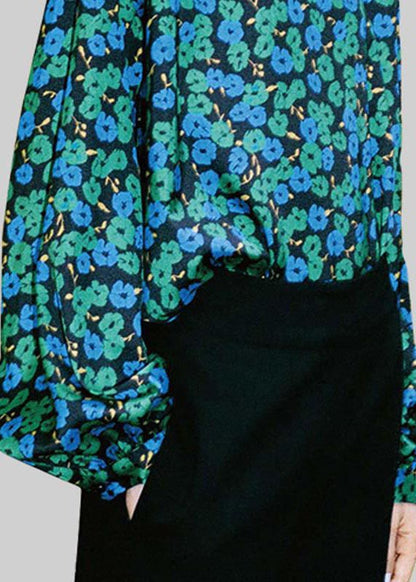 French Stand Collar Print Silk Shirts Lantern Sleeve