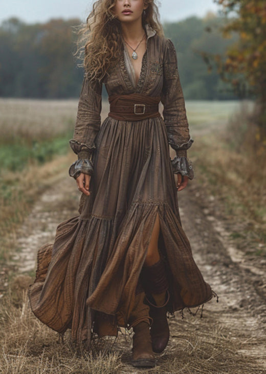 Dark Coffee Wrinkled Patchwork Cotton Long Dress Fall