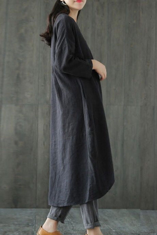 -new Loose Cotton Linen Dress Long Sleeve Dress