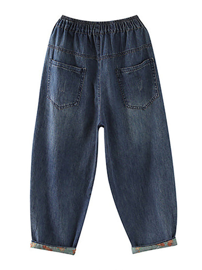 Artistic Retro Applique Denim Pants