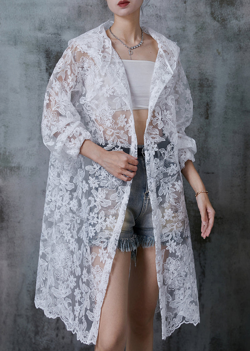 White Hooded Embroidered Tulle Upf 50+ Cardigans Summer