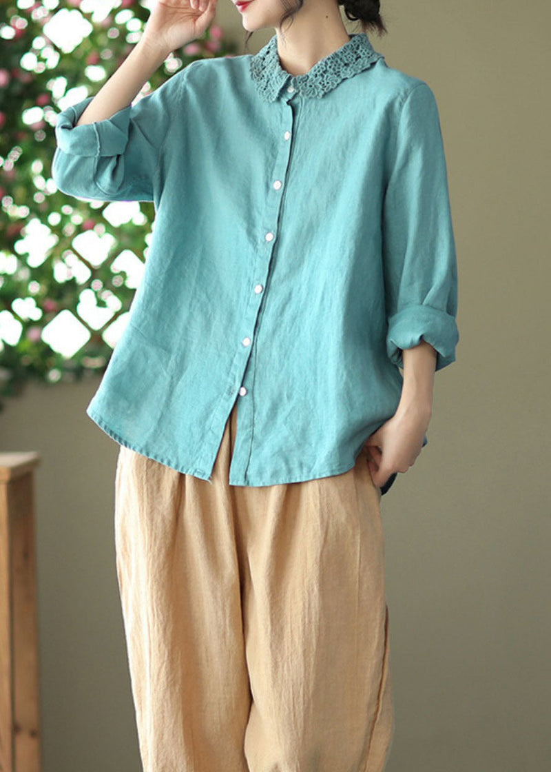 Blue Embroidered Patchwork Linen Blouse Top Long Sleeve
