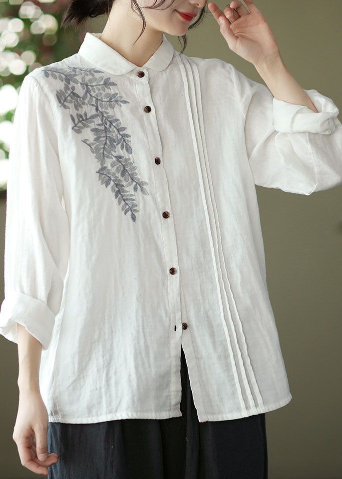 White Peter Pan Collar Embroidered Cotton Blouse Top Spring