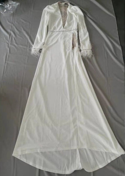 Style White V Neck Sequins Side Open Cotton Dress Long Sleeve