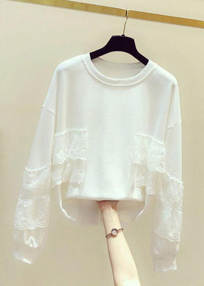 White Lace Patchwork Sweatshirts O Neck Spring