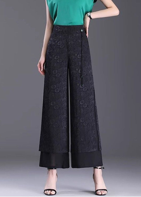 Chinese Style Green High Waisted Jacquard Straight Leg Pants Summer