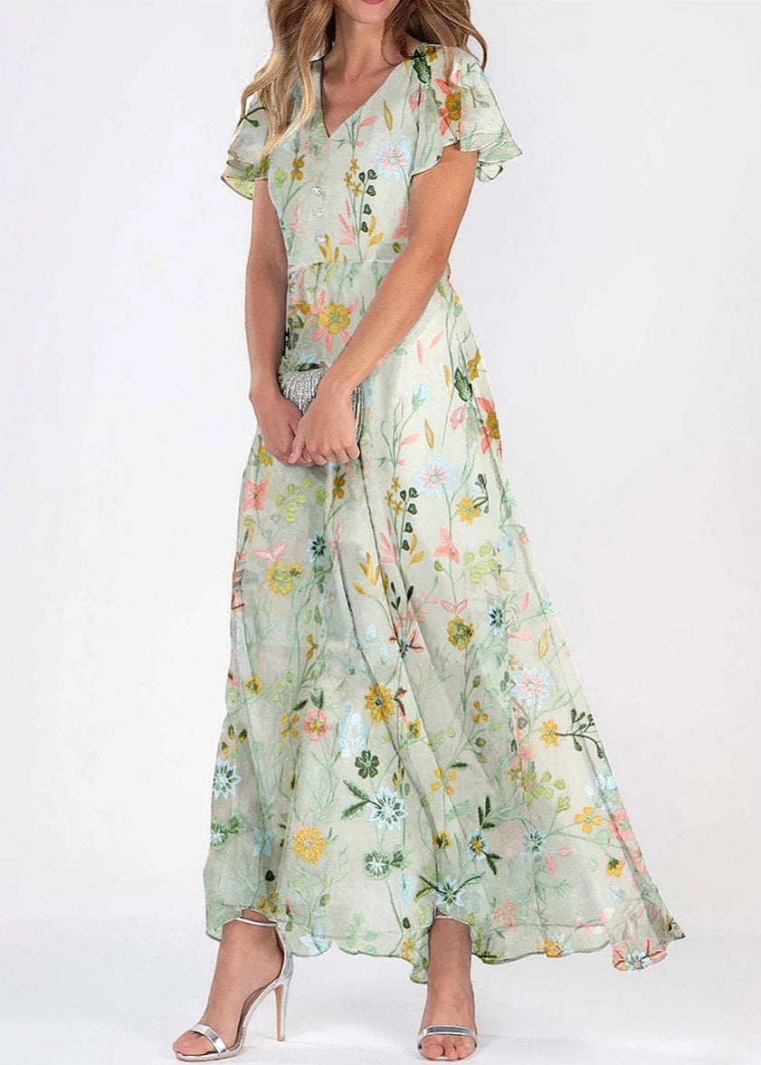 Green V Neck Print Chiffon Long Dresses Summer