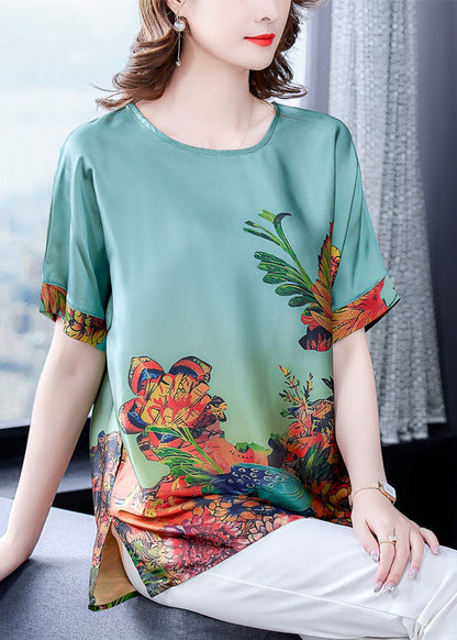 Green O-neck Print Silk Tops for Short Sleeve