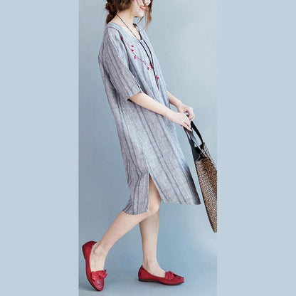 Light Gray Plaid Cotton Linen Dresses Half Sleeve Pockets O Neck Embroidery Cotton Linen Clothing Dresses