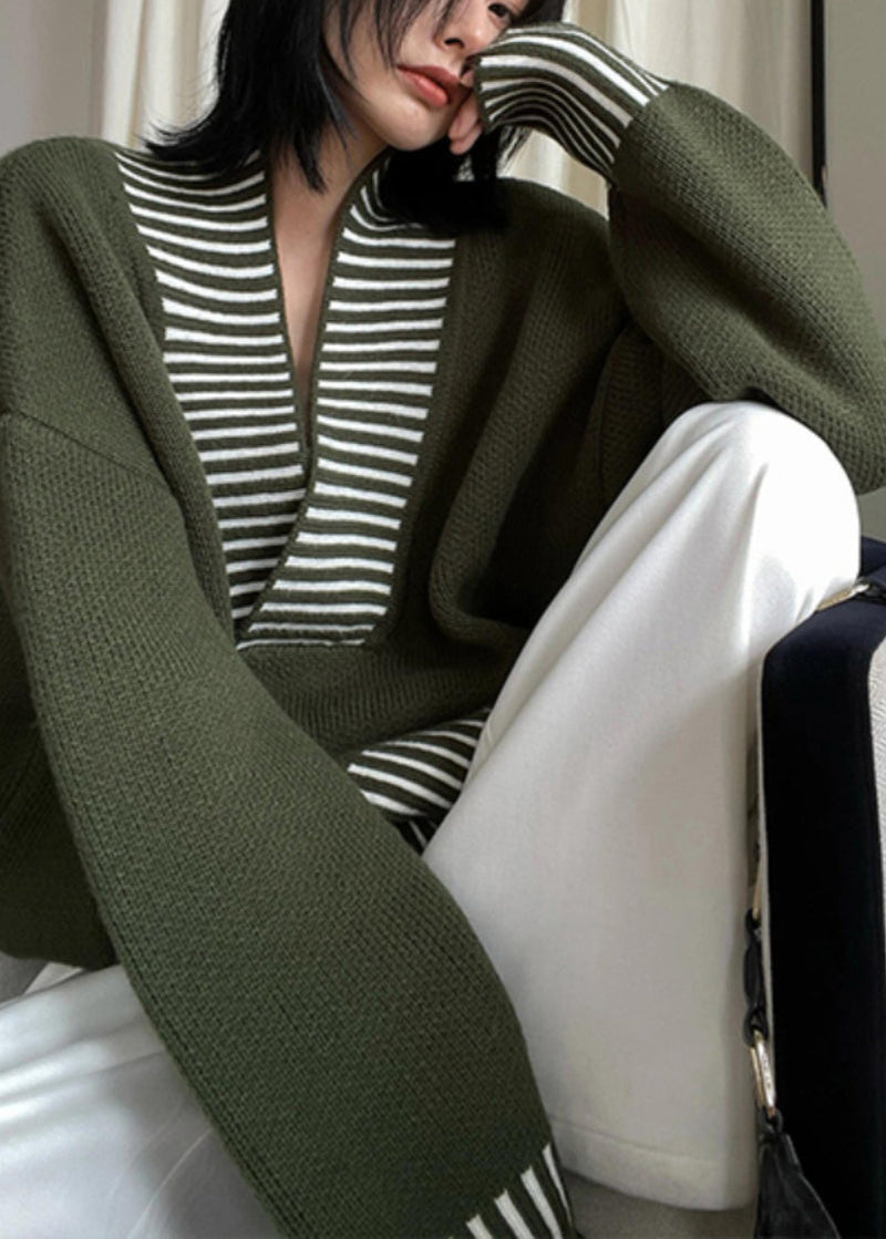 Army Green V Neck Striped Patchwork Knit Sweater Fall