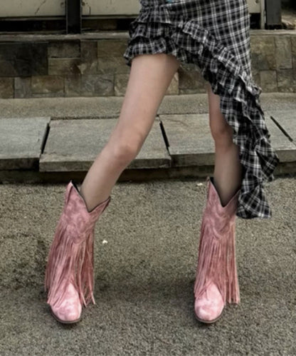 Pink Suede Splicing Chunky Boots Tassel